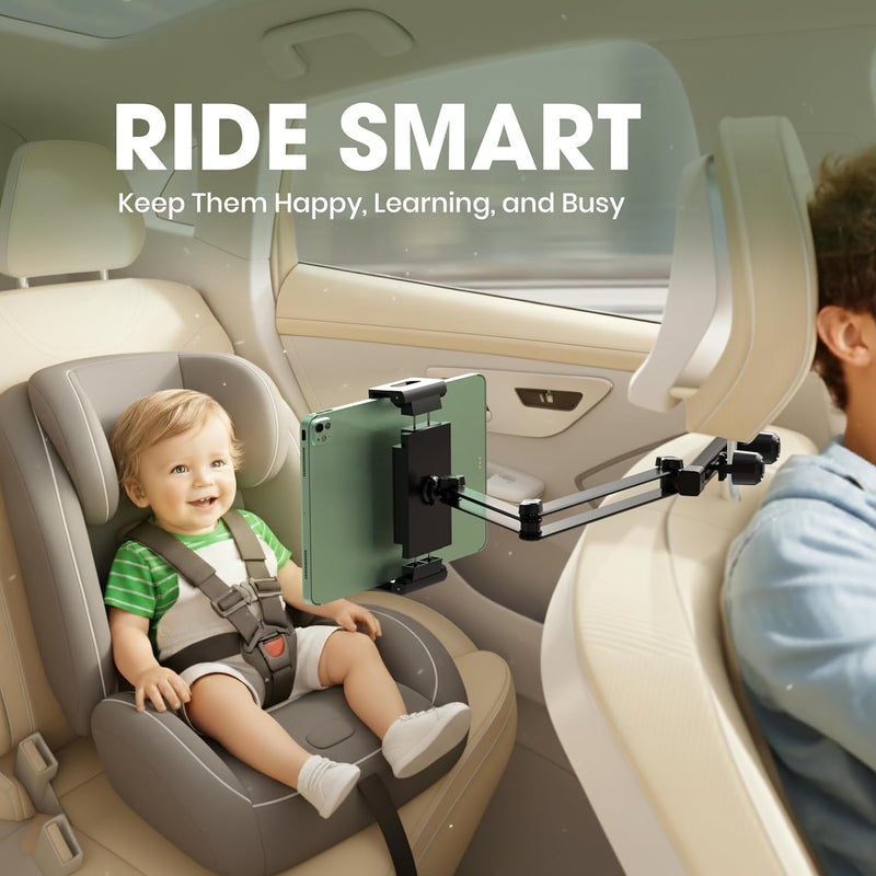ZIRKA Car Headrest Tablet and Phone Holder – Adjustable Back Seat Mount for iPad, iPhone, Samsung – Heavy Duty Aluminium arm, 360° Rotation, for Kids, Travel, Road Trips, Fits 6”–19” Devices - Image 2